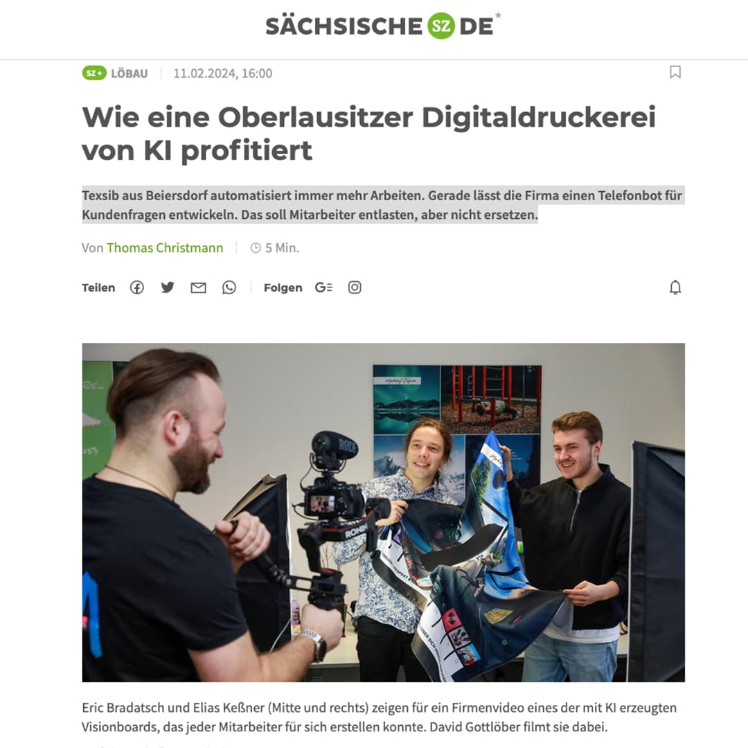 Wie-eine-Oberlausitzer-Digitaldruckerei-von-KI-profitiert Ausschnitt aus dem Zeitungsartikel der Sächsischen Zeitung zu unserer Digitaldruckerei.