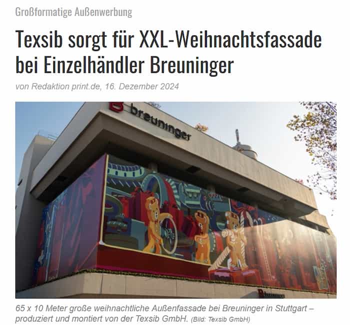 texsib-sorgt-fuer-xxl-weihnachtsfassade-bei-einzelhändler-breuninger Zeitungsausschnitt, wo die Weihnachtsfassade des Breuninger Kaufhauses in Stuttgart zu sehen ist.